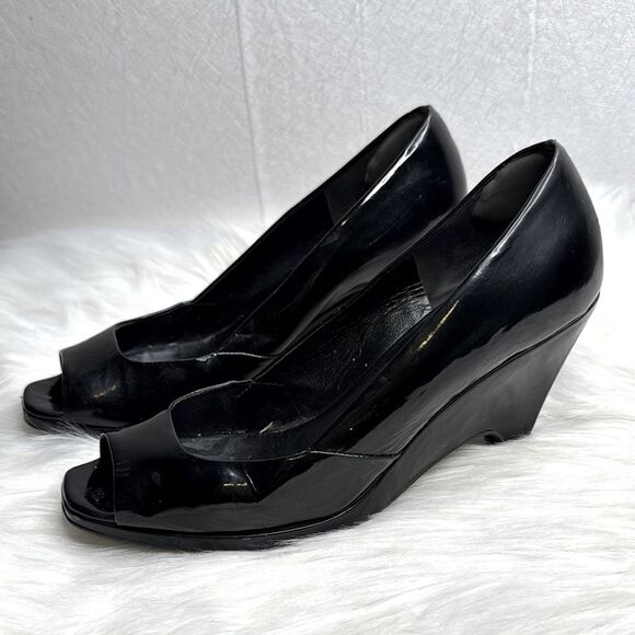 Miu Miu Peep Toe Patent Leather Wedge Black 38 - Picture 1 of 11
